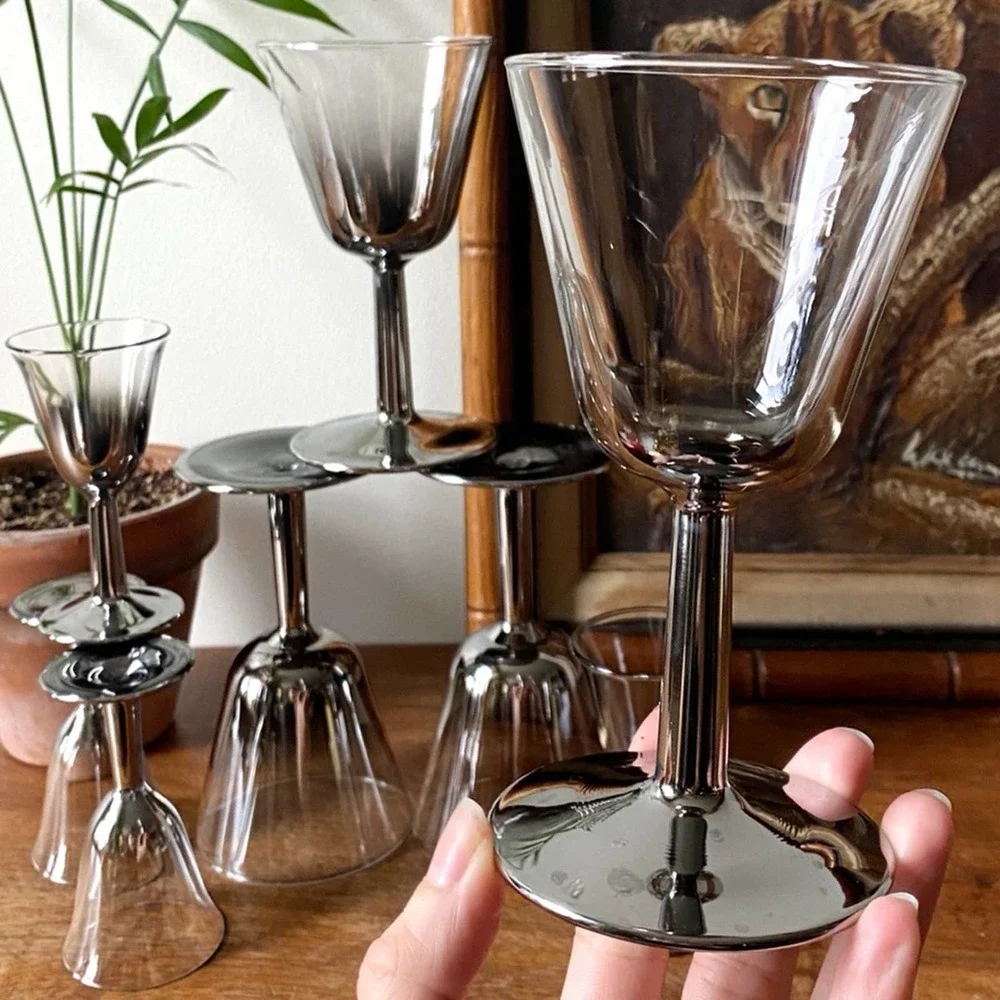 Mid Century Modern Stemware, Cocktail Glass Set Silver Ombre Lusterware